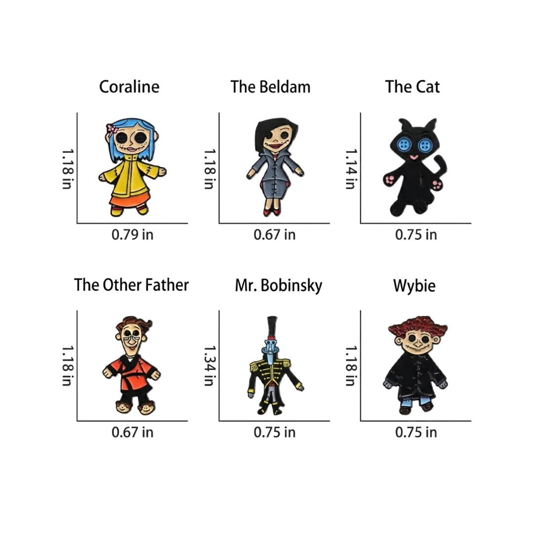 Set of 6 Enamel Pins Inspired by Blue-Haired Button-Eyed Doll with a Spooky Movie Theme Character Collector Collection Lapel Enamel Pin and Badges Fans of Horror & Dark Fantasy