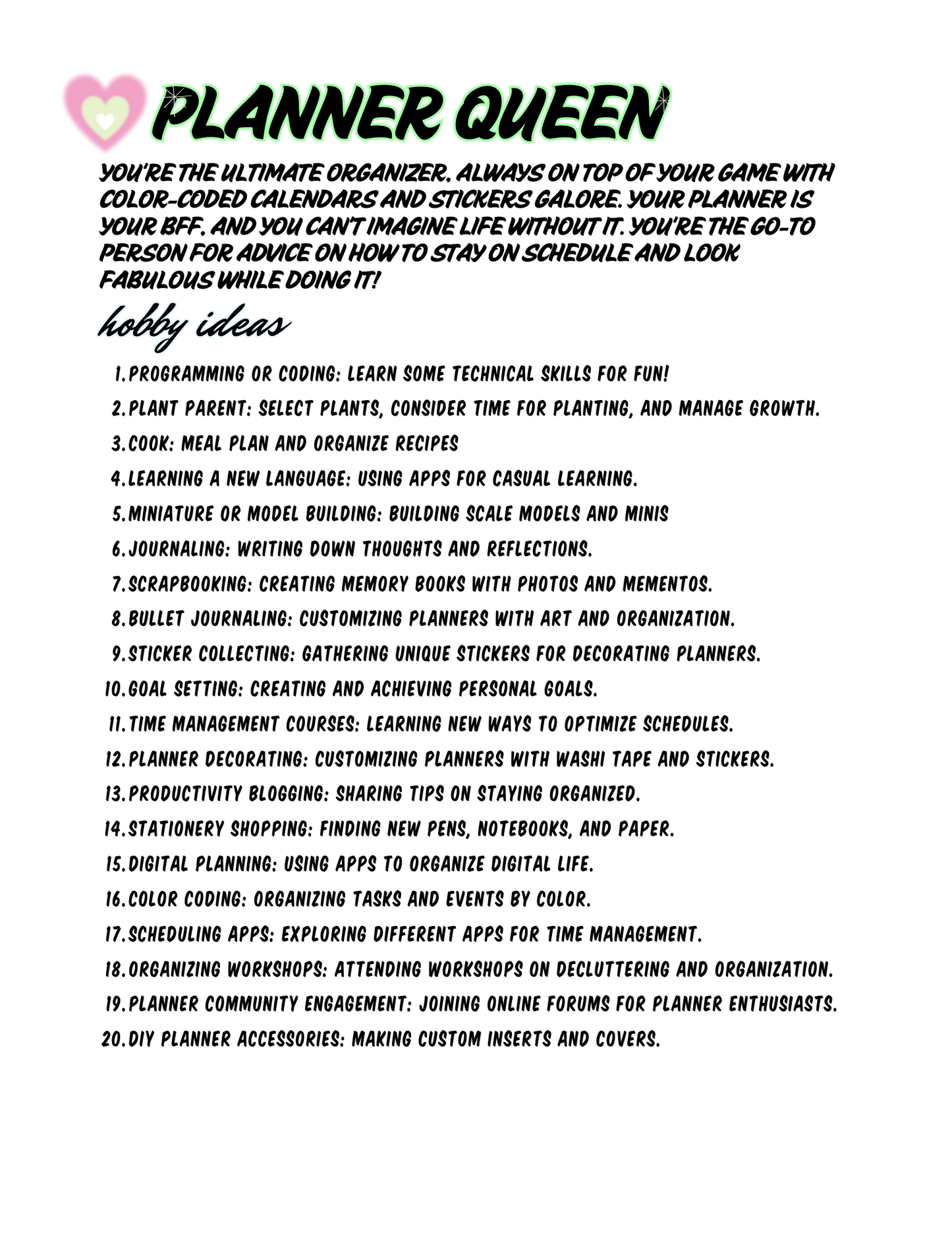 Planner Queen! Free Hobby List Download