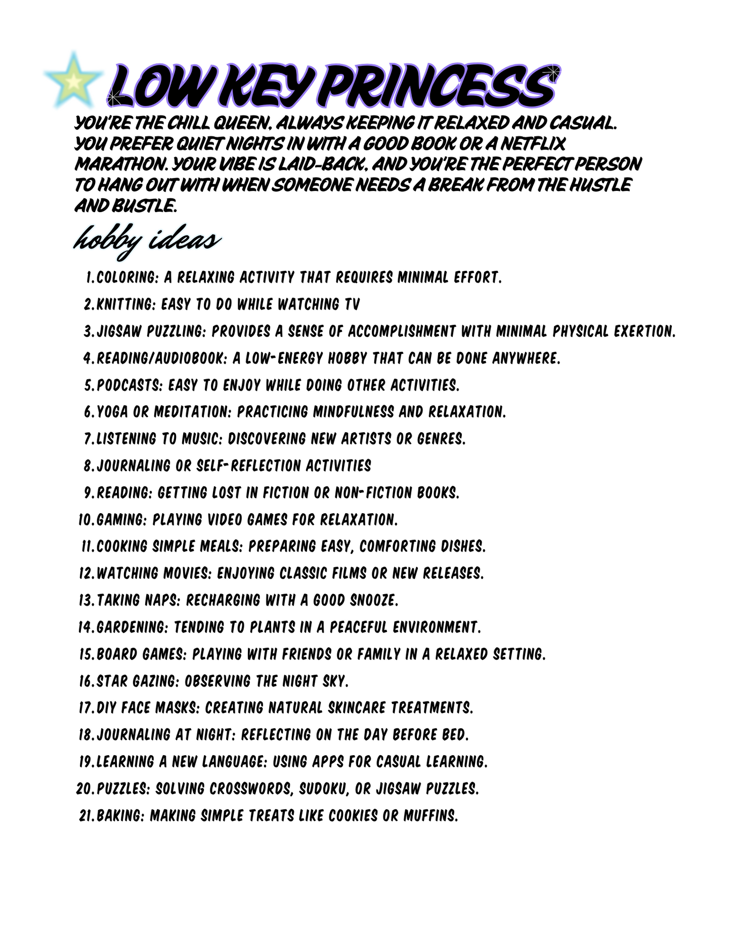 Low Key Princess! Free Hobby List Download