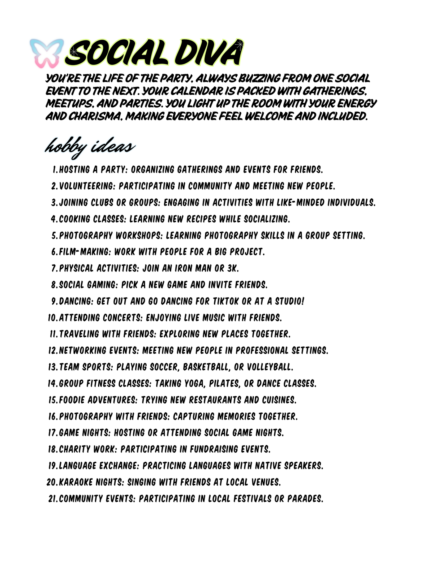 Social Diva! Free Hobby List Download
