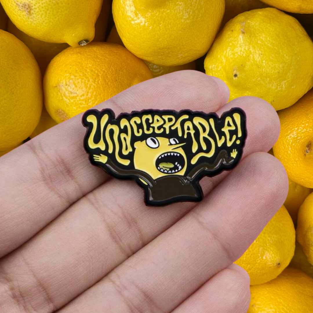 Unacceptable! Sour, Funny, and Grumpy Lemon Character Animation or Cartoon Badge and Lapel Enamel Pin