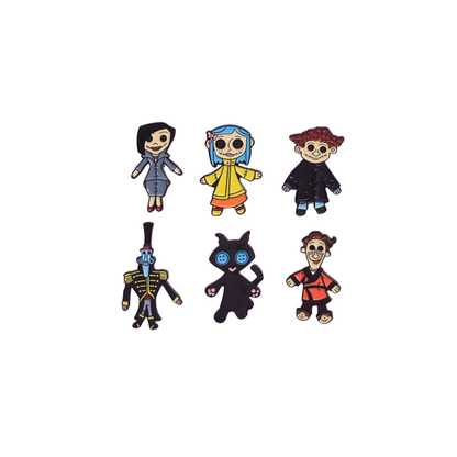 Set of 6 Enamel Pins Inspired by Blue-Haired Button-Eyed Doll with a Spooky Movie Theme Character Collector Collection Lapel Enamel Pin and Badges Fans of Horror & Dark Fantasy