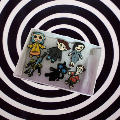 Set of 6 Enamel Pins Inspired by Blue-Haired Button-Eyed Doll with a Spooky Movie Theme Character Collector Collection Lapel Enamel Pin and Badges Fans of Horror & Dark Fantasy