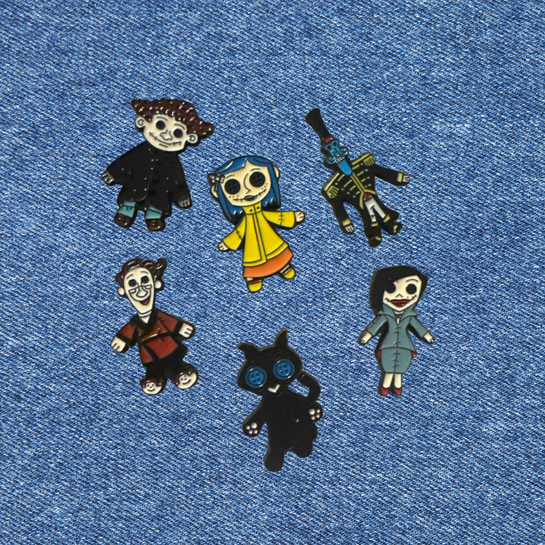 Set of 6 Enamel Pins Inspired by Blue-Haired Button-Eyed Doll with a Spooky Movie Theme Character Collector Collection Lapel Enamel Pin and Badges Fans of Horror & Dark Fantasy