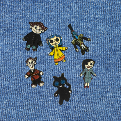 Set of 6 Enamel Pins Inspired by Blue-Haired Button-Eyed Doll with a Spooky Movie Theme Character Collector Collection Lapel Enamel Pin and Badges Fans of Horror & Dark Fantasy