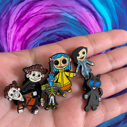 Set of 6 Enamel Pins Inspired by Blue-Haired Button-Eyed Doll with a Spooky Movie Theme Character Collector Collection Lapel Enamel Pin and Badges Fans of Horror & Dark Fantasy