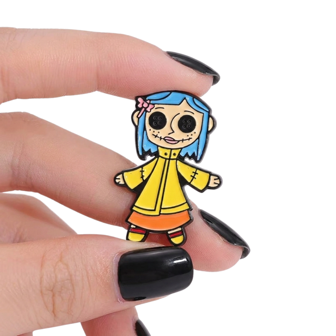 Set of 6 Enamel Pins Inspired by Blue-Haired Button-Eyed Doll with a Spooky Movie Theme Character Collector Collection Lapel Enamel Pin and Badges Fans of Horror & Dark Fantasy