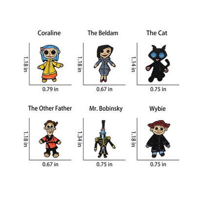 Set of 6 Enamel Pins Inspired by Blue-Haired Button-Eyed Doll with a Spooky Movie Theme Character Collector Collection Lapel Enamel Pin and Badges Fans of Horror & Dark Fantasy