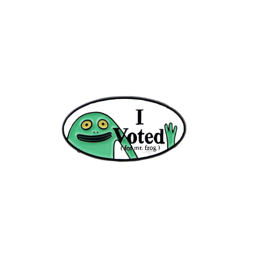 Smiling Friends I Voted Unhinged Mr. Frog Funny Election Campaign Pin or Lapel Badge or Satirical Political Button Novelty Gift
