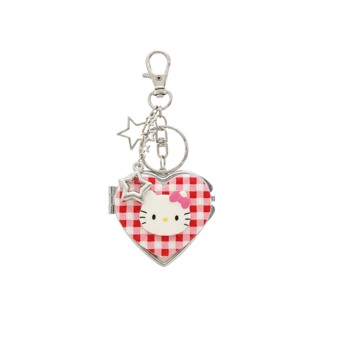 Kitty Trendy and Kawaii Cute Y2K Aesthetic Red Checkered Print Heart Compact Portable Mirror Keychain with Mirror Bag Pendant & Purse Charm Backpack Accessory