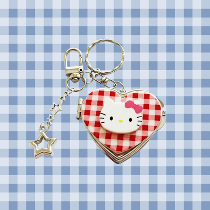 Kitty Trendy and Kawaii Cute Y2K Aesthetic Red Checkered Print Heart Compact Portable Mirror Keychain with Mirror Bag Pendant & Purse Charm Backpack Accessory