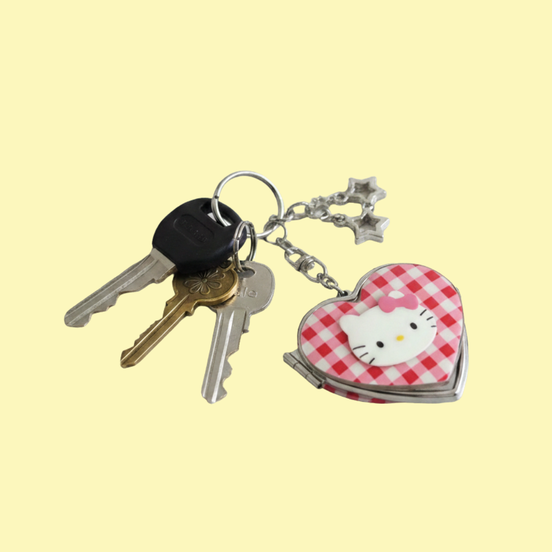 Kitty Trendy and Kawaii Cute Y2K Aesthetic Red Checkered Print Heart Compact Portable Mirror Keychain with Mirror Bag Pendant & Purse Charm Backpack Accessory