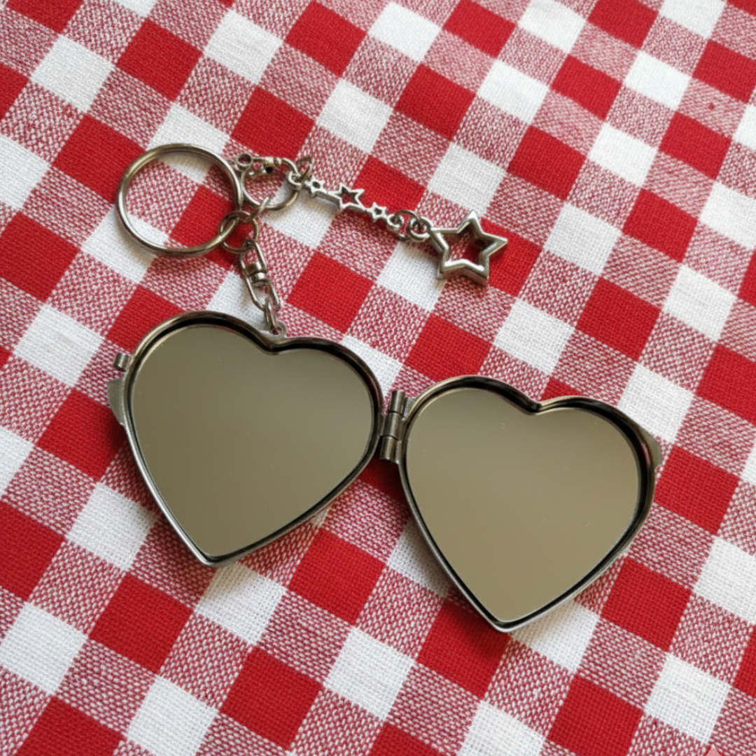 Kitty Trendy and Kawaii Cute Y2K Aesthetic Red Checkered Print Heart Compact Portable Mirror Keychain with Mirror Bag Pendant & Purse Charm Backpack Accessory