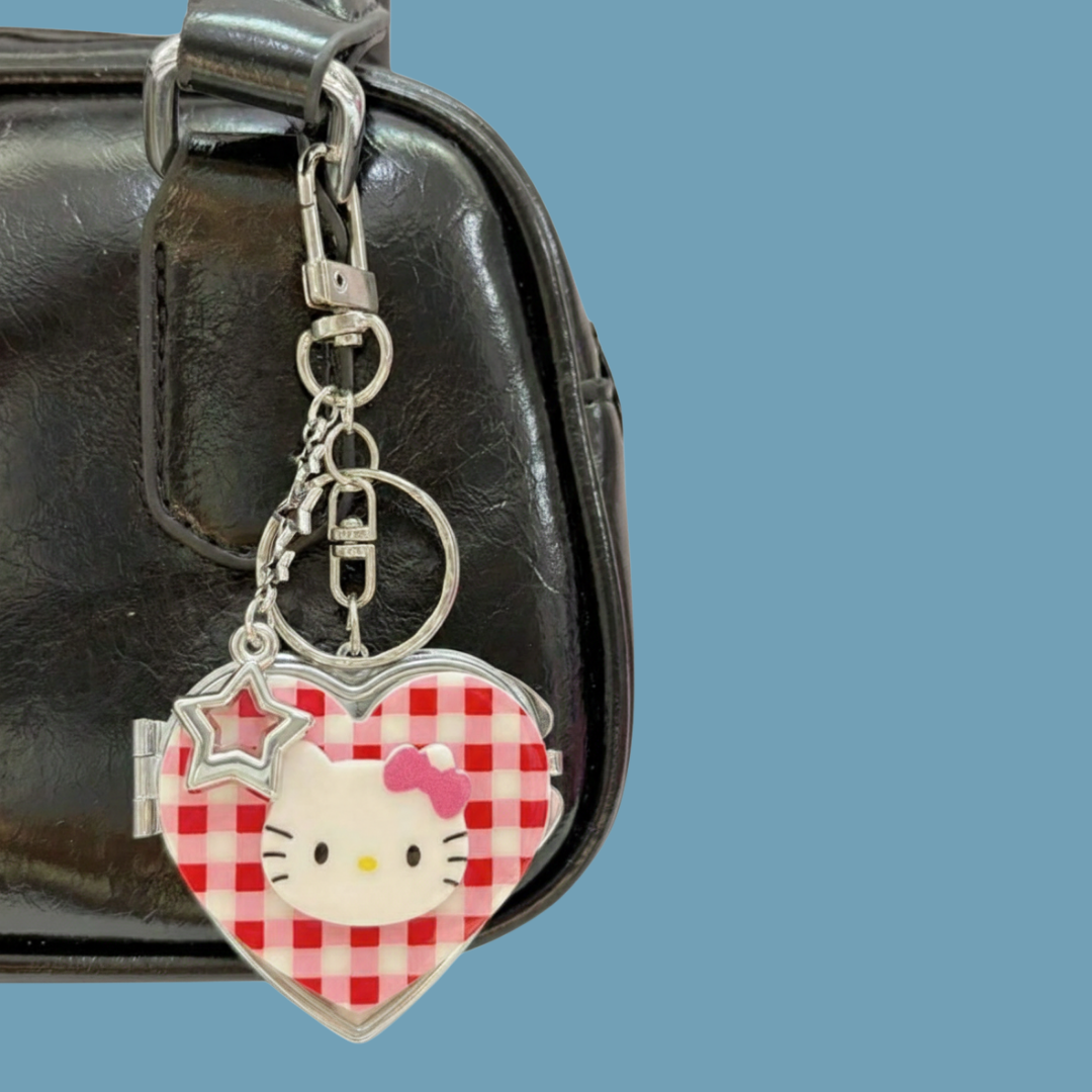 Kitty Trendy and Kawaii Cute Y2K Aesthetic Red Checkered Print Heart Compact Portable Mirror Keychain with Mirror Bag Pendant & Purse Charm Backpack Accessory
