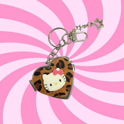 Ratbone Skinny Retro Leopard Print Cat Heart Cute Y2K Trendy Kawaii Aesthetic with Portable Compact Mirror Bag Pendant & Purse Charm Keychain Backpack Accessory