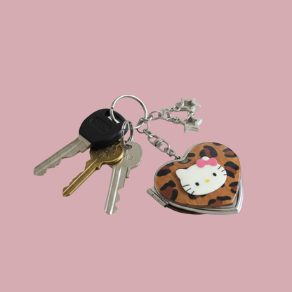 Ratbone Skinny Retro Leopard Print Cat Heart Cute Y2K Trendy Kawaii Aesthetic with Portable Compact Mirror Bag Pendant & Purse Charm Keychain Backpack Accessory