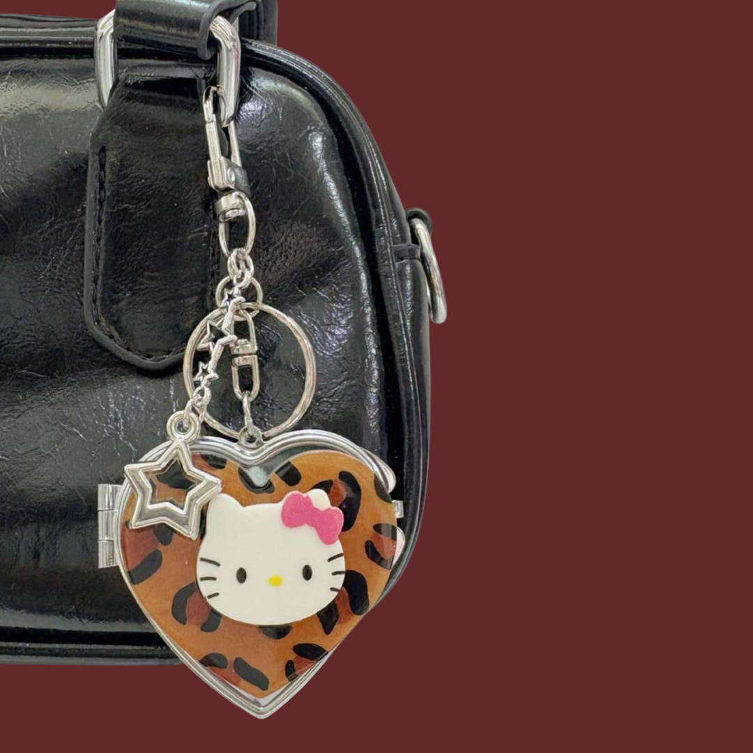 Ratbone Skinny Retro Leopard Print Cat Heart Cute Y2K Trendy Kawaii Aesthetic with Portable Compact Mirror Bag Pendant & Purse Charm Keychain Backpack Accessory