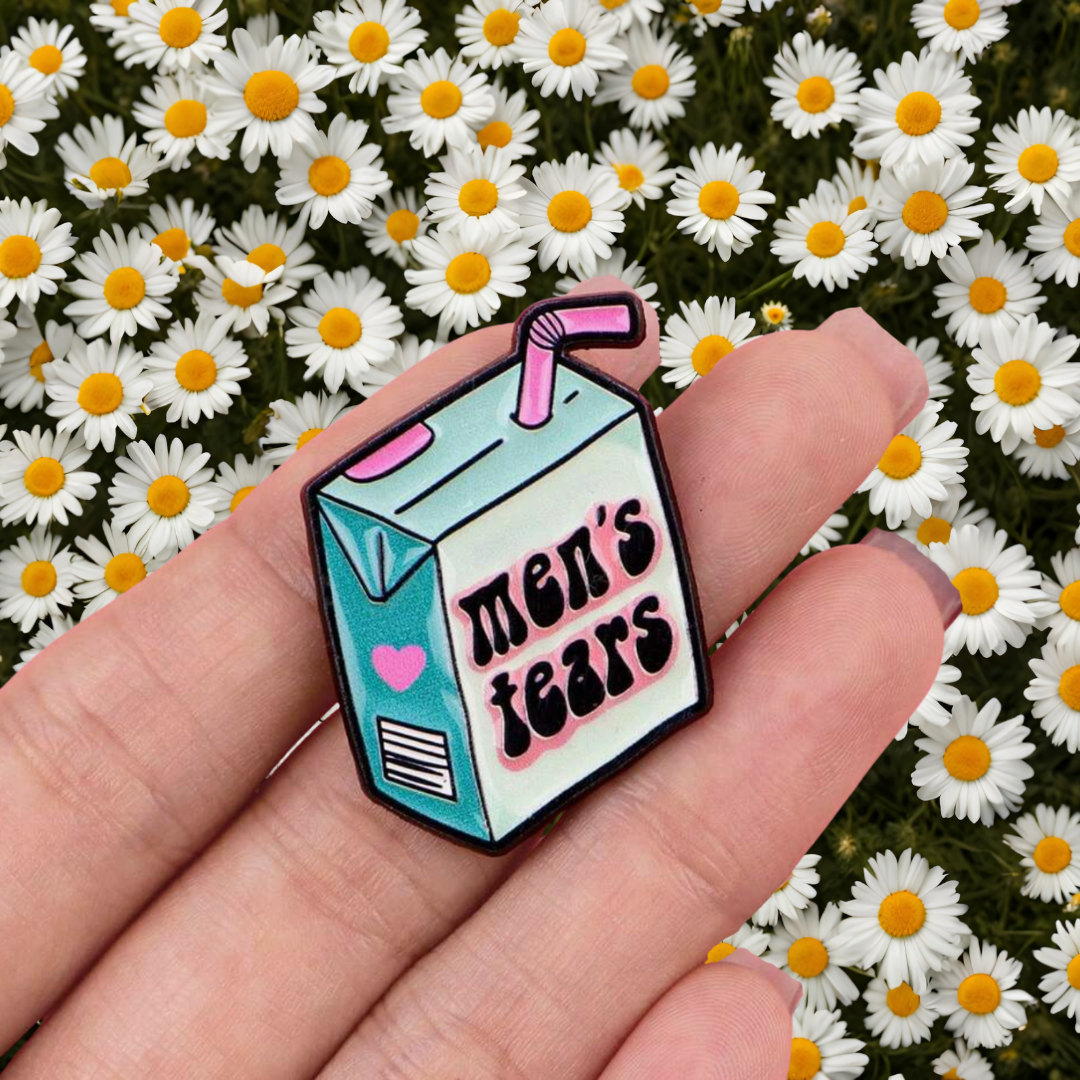 "Men's Tears" Witty and Ironic Feminism Juice Box with a Funny and Sarcastic "Man-Eater" Millennial & Gen Z Humor Enamel Pin or Brooch