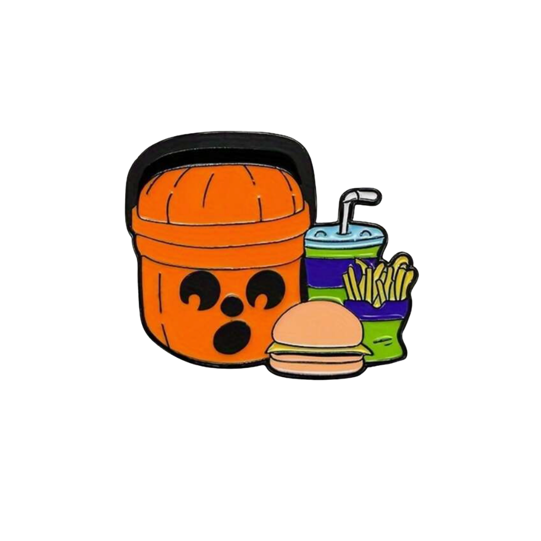 Spooky Meal of Jack-o'-Lantern Pail with Burger & Fries Halloween Lovers Pumpkin Bucket that is Retro Fast Food Nostalgia for 90s Childhood Holiday Memories Enamel Pin or Lapel Badge