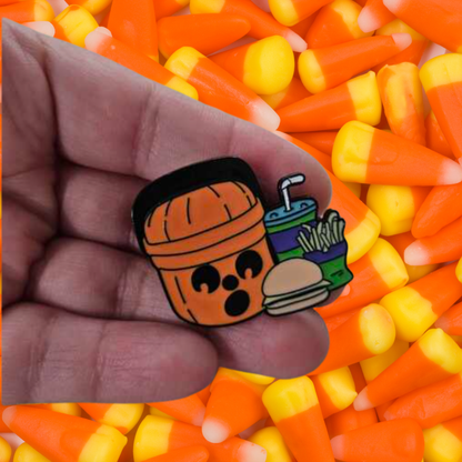 Spooky Meal of Jack-o'-Lantern Pail with Burger & Fries Halloween Lovers Pumpkin Bucket that is Retro Fast Food Nostalgia for 90s Childhood Holiday Memories Enamel Pin or Lapel Badge