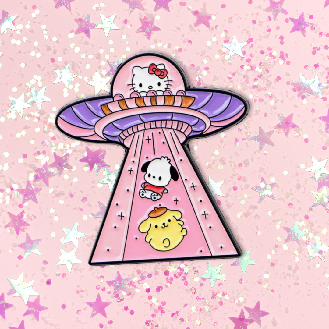 Sanrio Friends UFO Abduction Enamel Pin - Hello Kitty, Pochacco, & Pompompurin