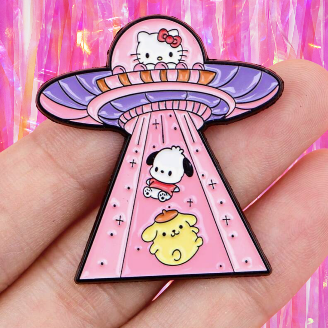 Sanrio Friends UFO Abduction Enamel Pin - Hello Kitty, Pochacco, & Pompompurin