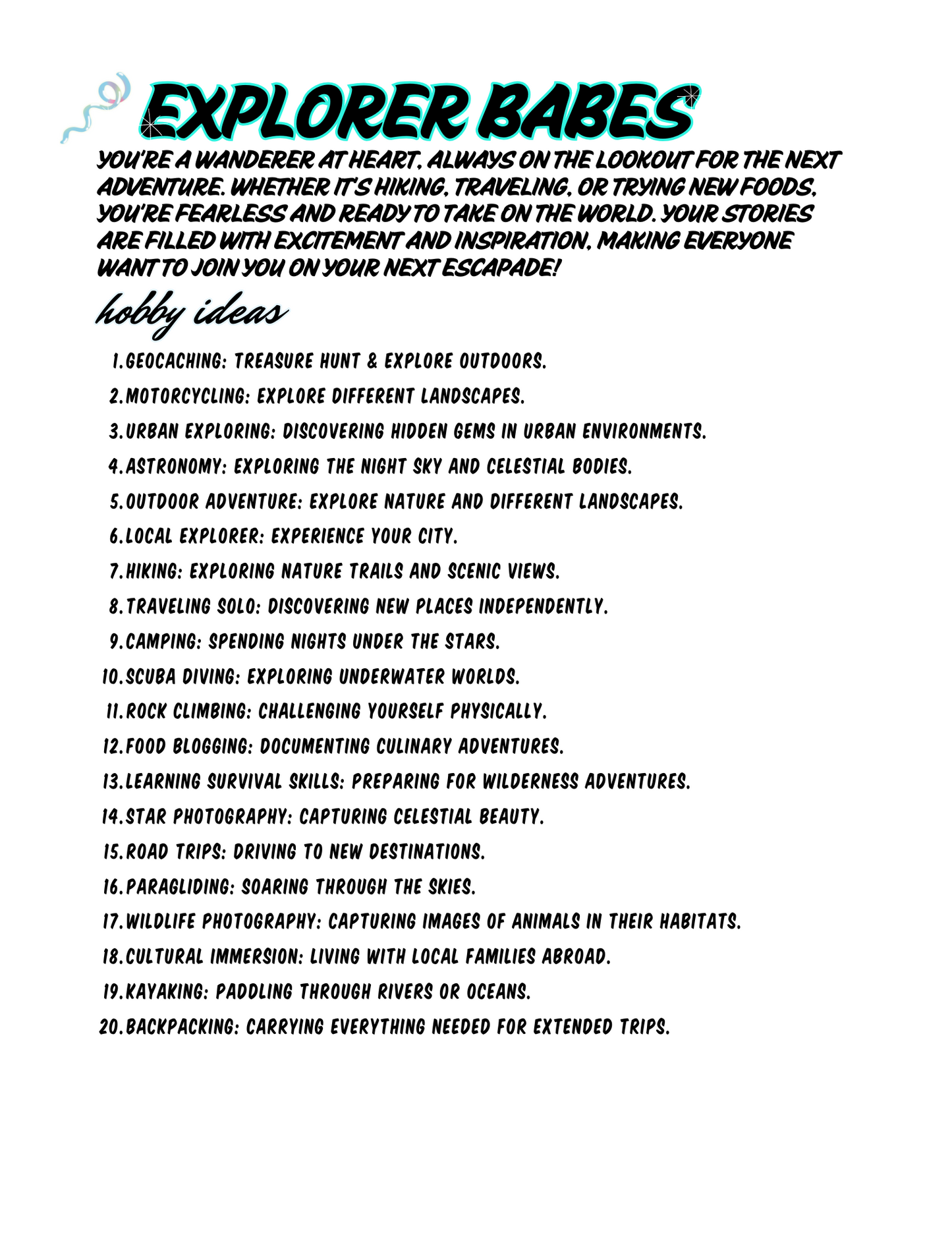 Explorer Babe! Free Hobby List Download