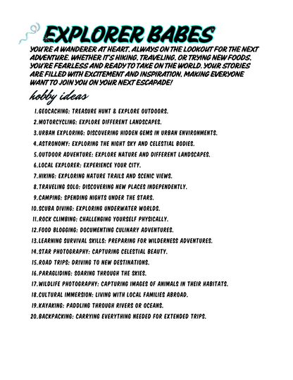 Explorer Babe! Free Hobby List Download