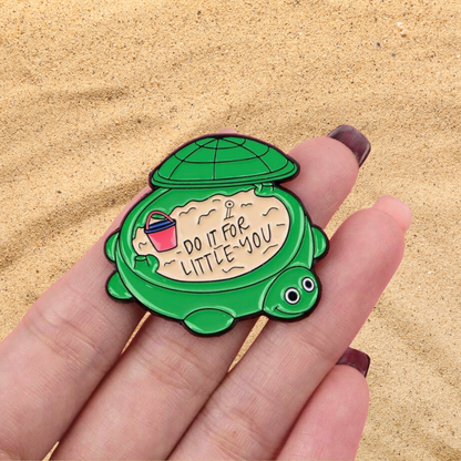 "Do It For Little You" Retro Toy Turtle Sandbox for a 90s or Millennials Nostalgia Childhood Memories with a Healing Inner Child Quote Enamel Pin or Badge