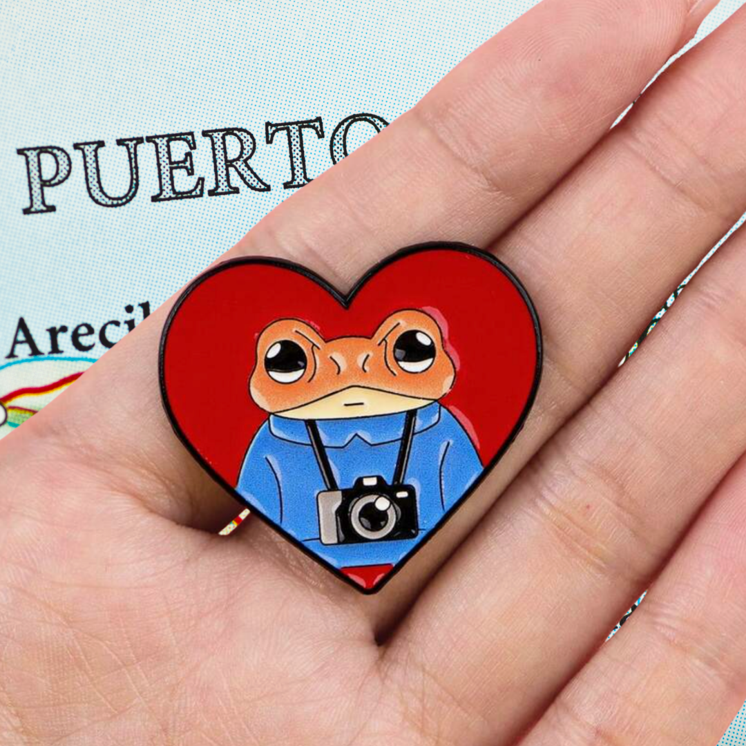 Boricua Photographer Coqu Frog and Puerto Rico Pride Heart Lapel Badge or Enamel Pin
