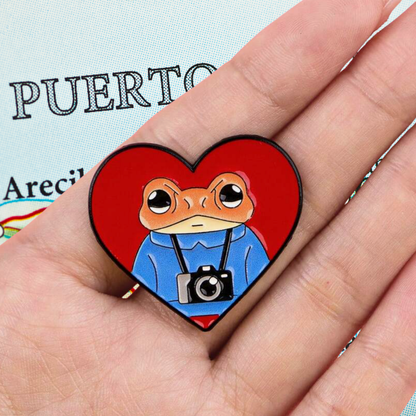 Boricua Photographer Coqu Frog and Puerto Rico Pride Heart Lapel Badge or Enamel Pin