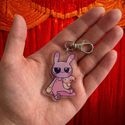 Purple Rabbit Acrylic Charm or Keychain a Chaotic Cartoon Jester with a Retro 90s CGI Aesthetic and Weirdcore & Kidcore Bag Accessory for Fans