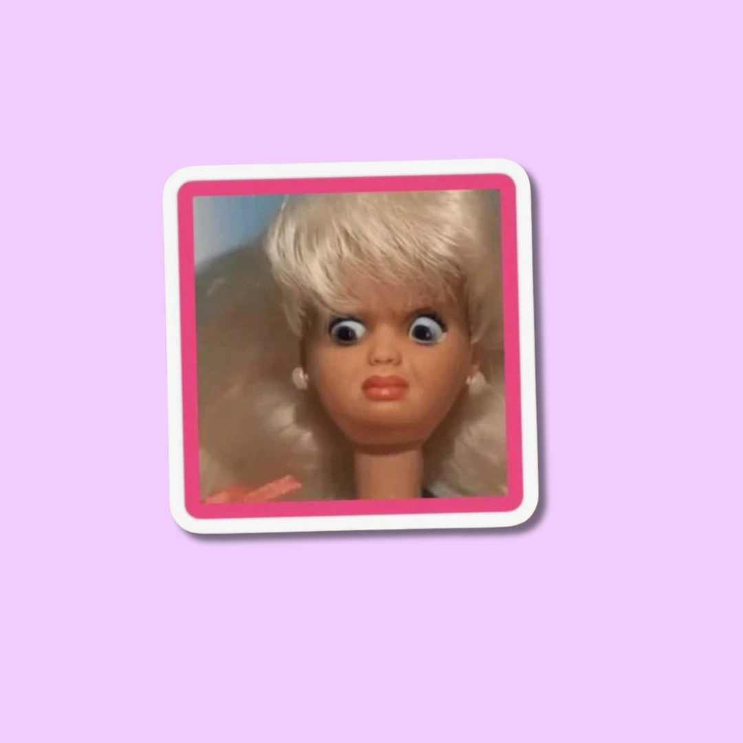 Viral Sarcastic Meme Reaction of a Surprised Doll Face Sticker Thats a Funny Out of Control Girl Aesthetic Waterproof Vinyl for Laptops, Kindles & Water Bottles