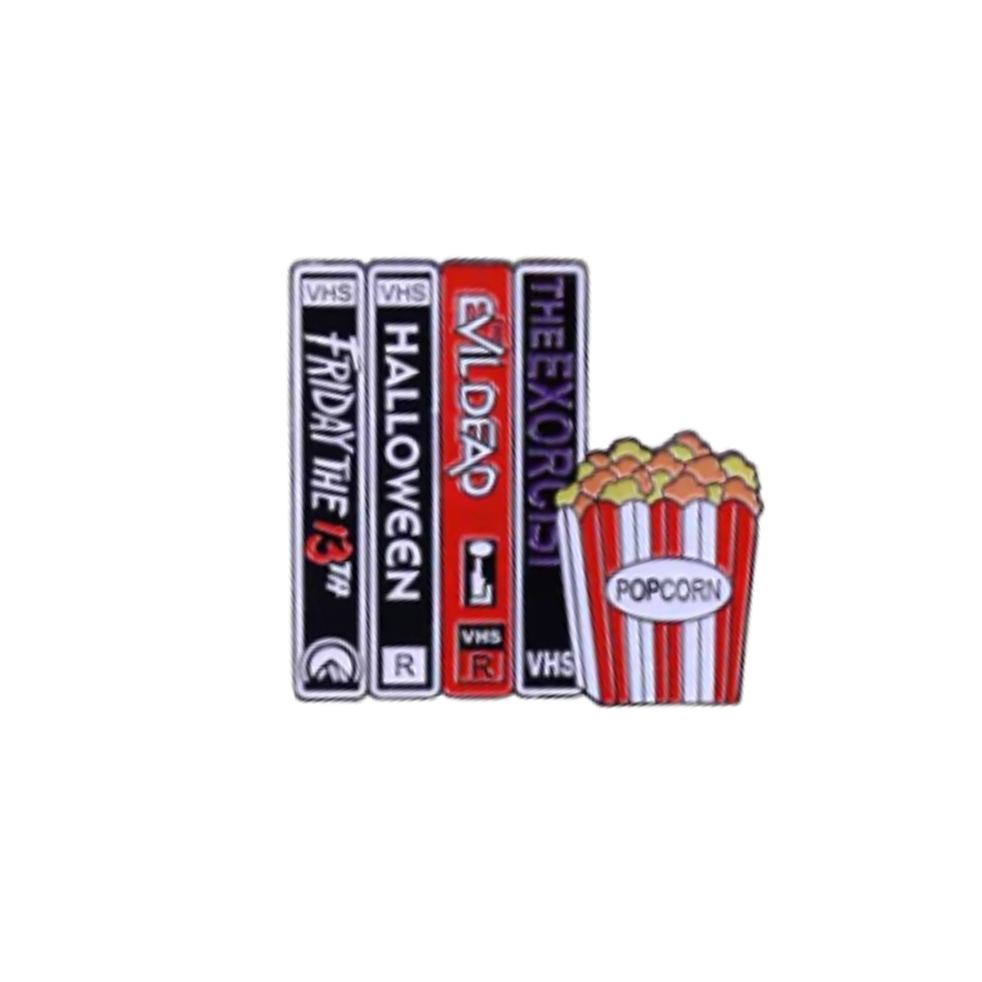 Spooky VHS Tape Stack for a Retro Horror Movie Night with Slasher Film Nostalgia Enamel Pin or Lapel Badge
