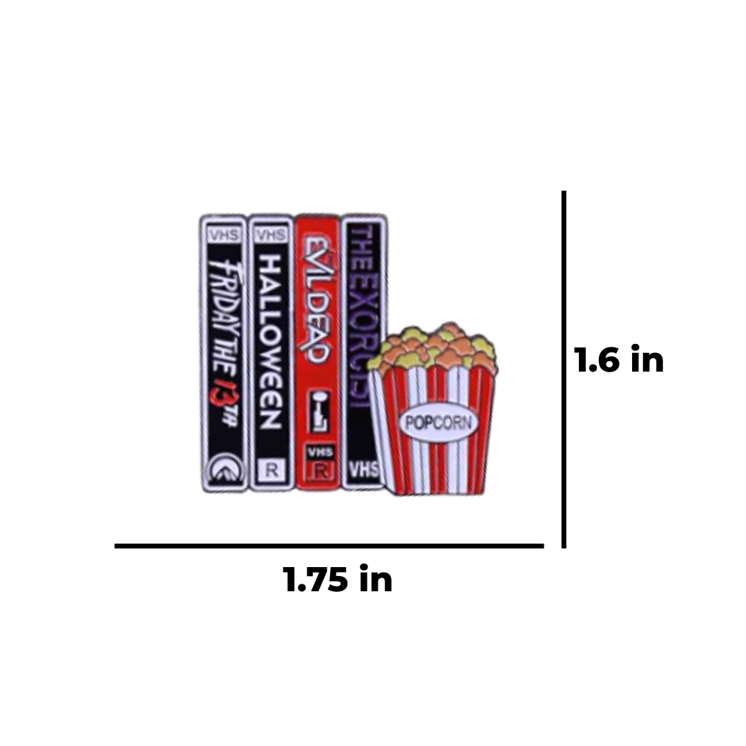 Spooky VHS Tape Stack for a Retro Horror Movie Night with Slasher Film Nostalgia Enamel Pin or Lapel Badge