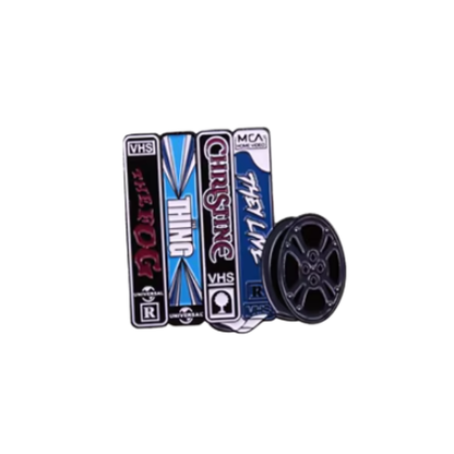Movie Night 80s Retro VHS or video Rental Stack from a Nostalgic Tape Collection with a nod to Horror and Be Kind Please Rewind Era Enamel Pin Lapel Badge for Film Buffs & 80s Kids