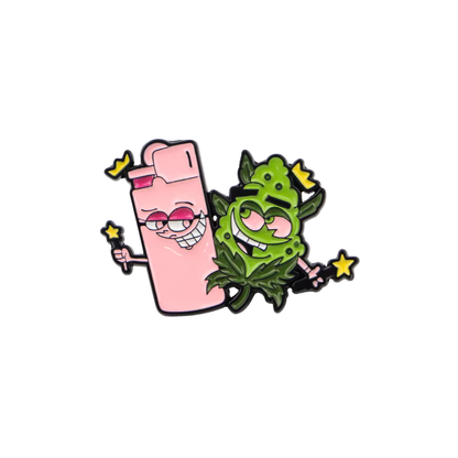 Magical Green & Pink Fairy Buds Lighter & Herb is a 90s Retro Cartoon and Animation Nostalgia with 420 Aesthetic Enamel Pin or Lapel Badge for Best Friends & Y2k loving 2000s Kids
