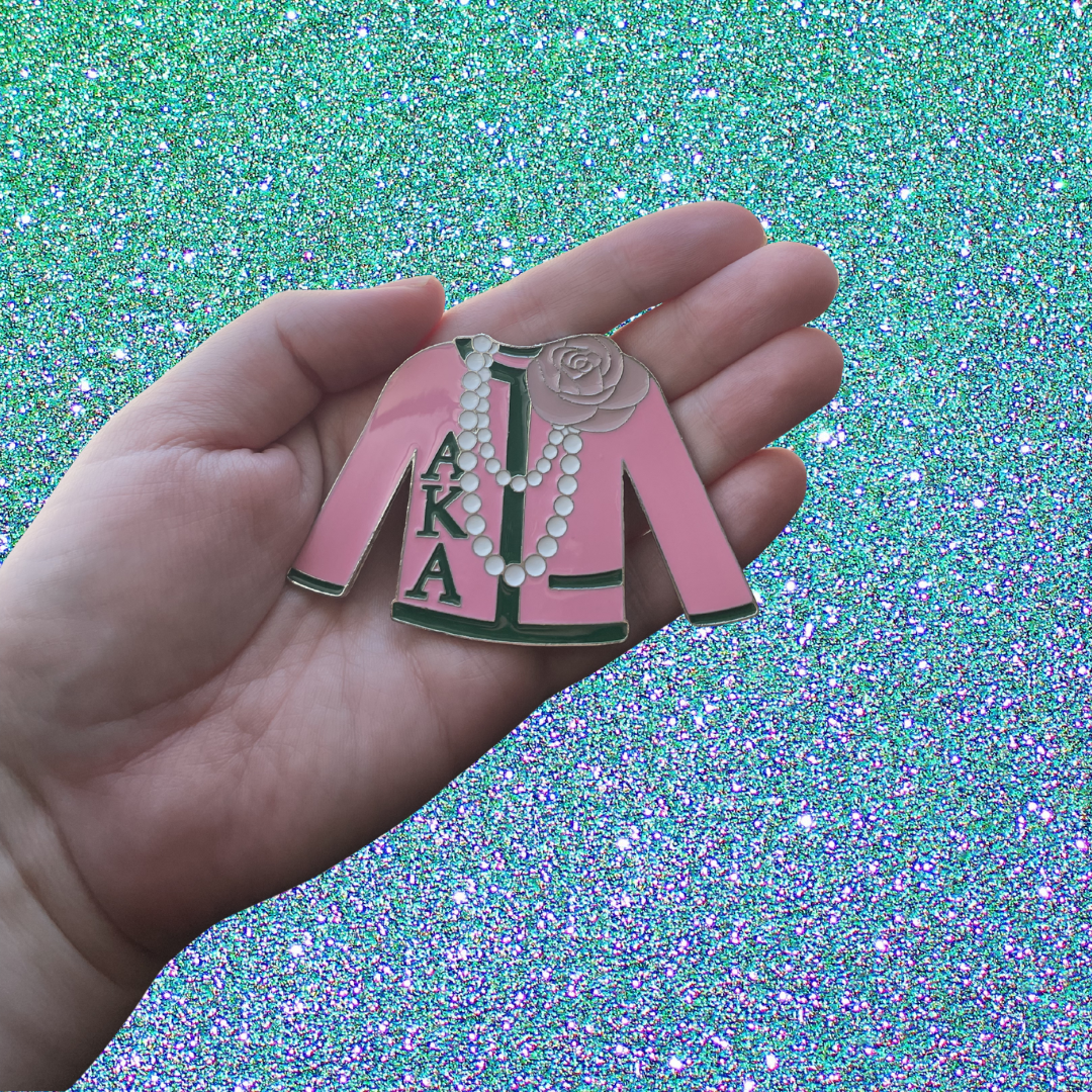 Pink and Green Sorority Sweater with Ivy Leaf Boule Cardigan a 1908 Historic Sisterhood Pin or Enamel Lapel Badge