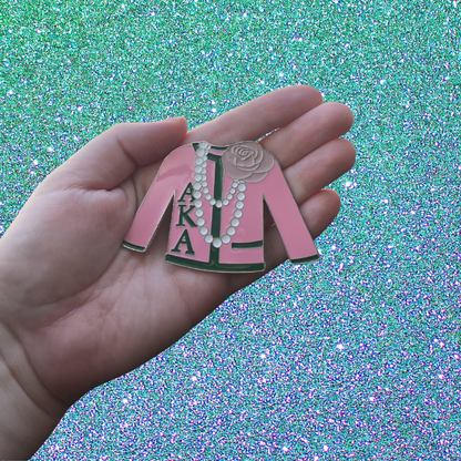 Pink and Green Sorority Sweater with Ivy Leaf Boule Cardigan a 1908 Historic Sisterhood Pin or Enamel Lapel Badge