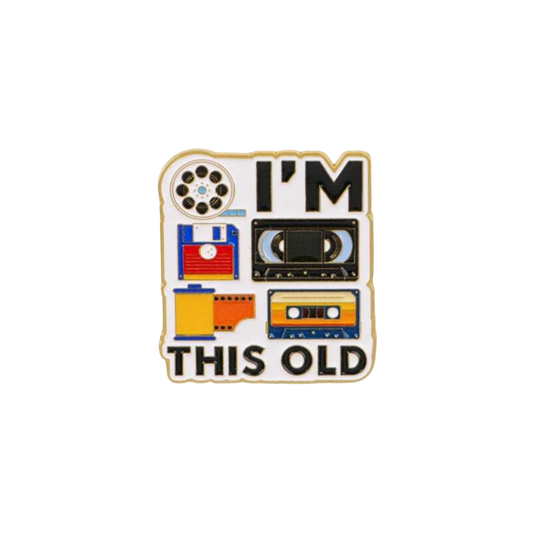 I'm This Old Vintage and Retro 80s & 90s Tech Nostalgia Enamel Pin or Lapel Badge with Cassette Tape Floppy Disk & Film Reel Accessory for Funny Millennial Gift