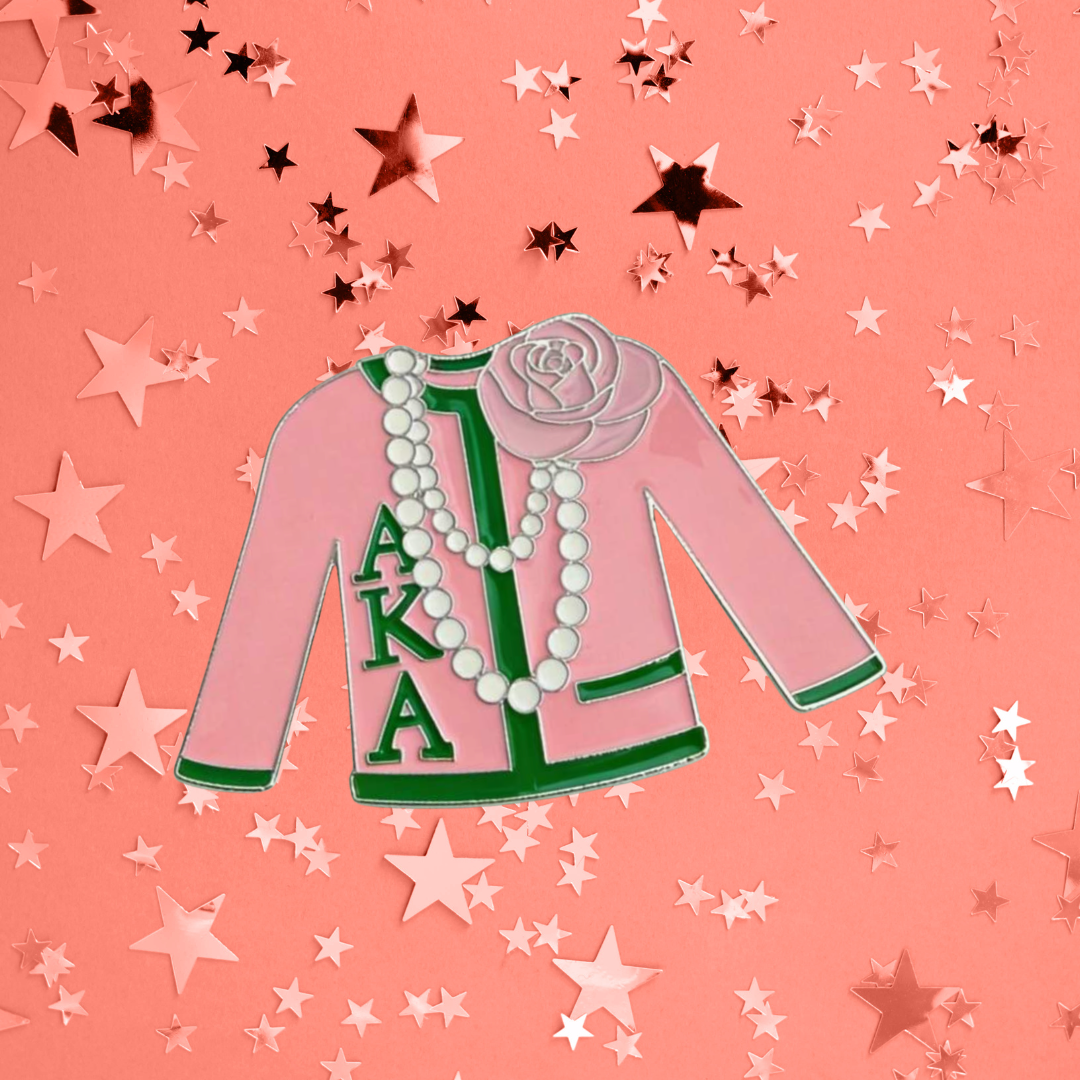 Pink and Green Sorority Sweater with Ivy Leaf Boule Cardigan a 1908 Historic Sisterhood Pin or Enamel Lapel Badge