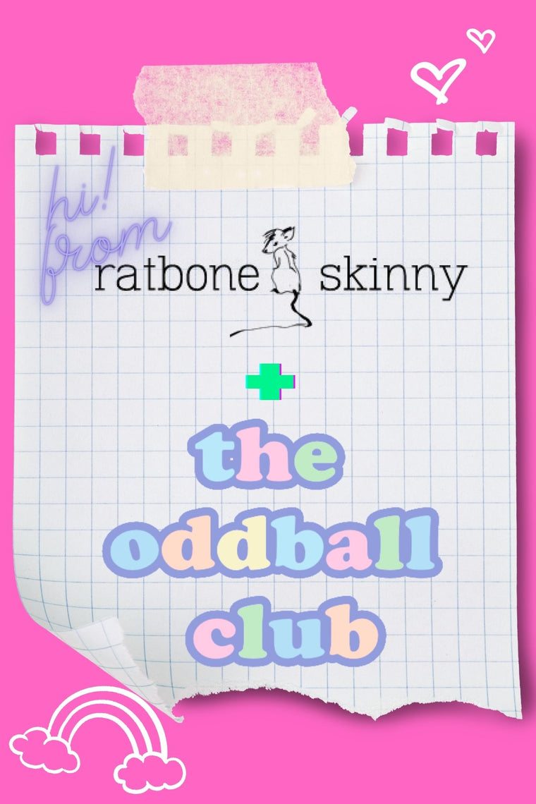 Image of Ratbone Skinny and The Oddball Club logos on graph paper with heart and rainbow doodles. A playful and creative representation of two unique brands. Ratbone Skinny offers a wide range of gifts, including greeting cards, notebooks, enamel pins, and mystery boxes. The Oddball Club delivers monthly curated subscription boxes filled with quirky, unique, and unusual items. Perfect for those who love something different and out of the ordinary.
