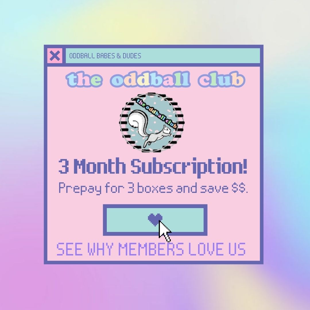 Oddball Babes and Dudes 3-Month Subscription Box with Pastel Retro Computer Graphic - Prepay and Save $$ - Includes Unique and Quirky Items like Lisa Frank Stickers and Ring Pops - Join the Oddball Club Today