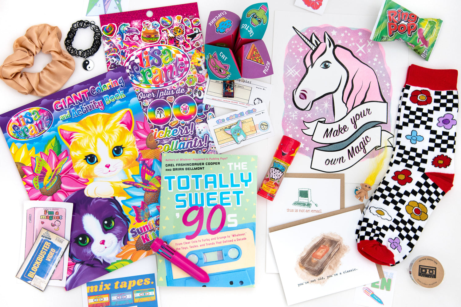Get ready to party like it's the '90s with The Oddball Club's subscription box! Unleash your nostalgia with a pair of funky socks, a unicorn art print, a videocassette-shaped greeting card, a ring pop in a green bag, a cute Furby enamel pin, a 'Totally Sweet 90s' book, and a Blockbuster magnet. Order now and relive the good old days!