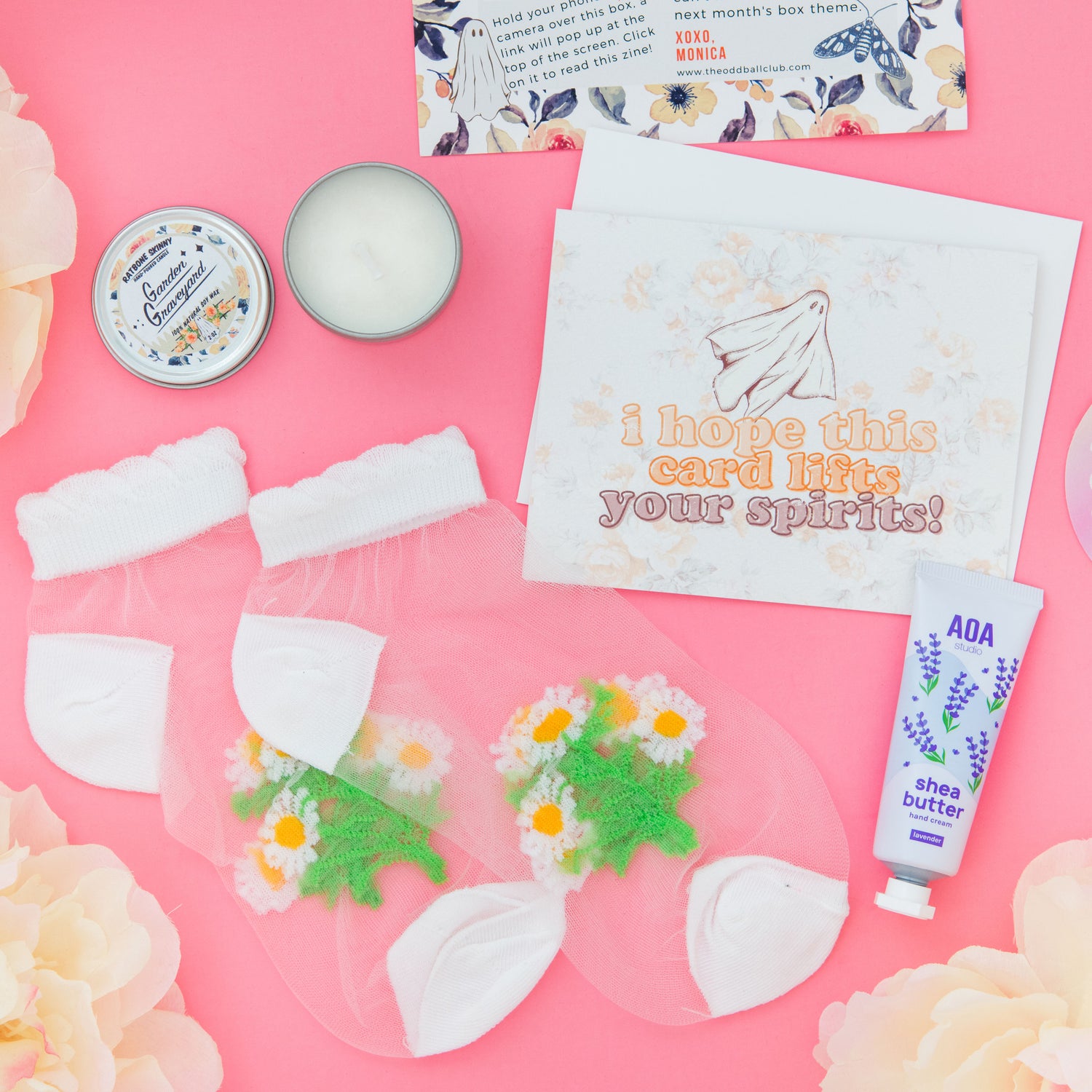 Unveil the perfect blend of spooky and sweet with our Ghost and Flower Socks Subscription Box. Adorn your feet with our cozy ghost and floral patterned socks while indulging in the calming scent of our lavender lotion and rose-scented candle. Don't forget to pamper yourself with our soft bath pouf. Order now to experience the perfect mix of eerie and elegant.