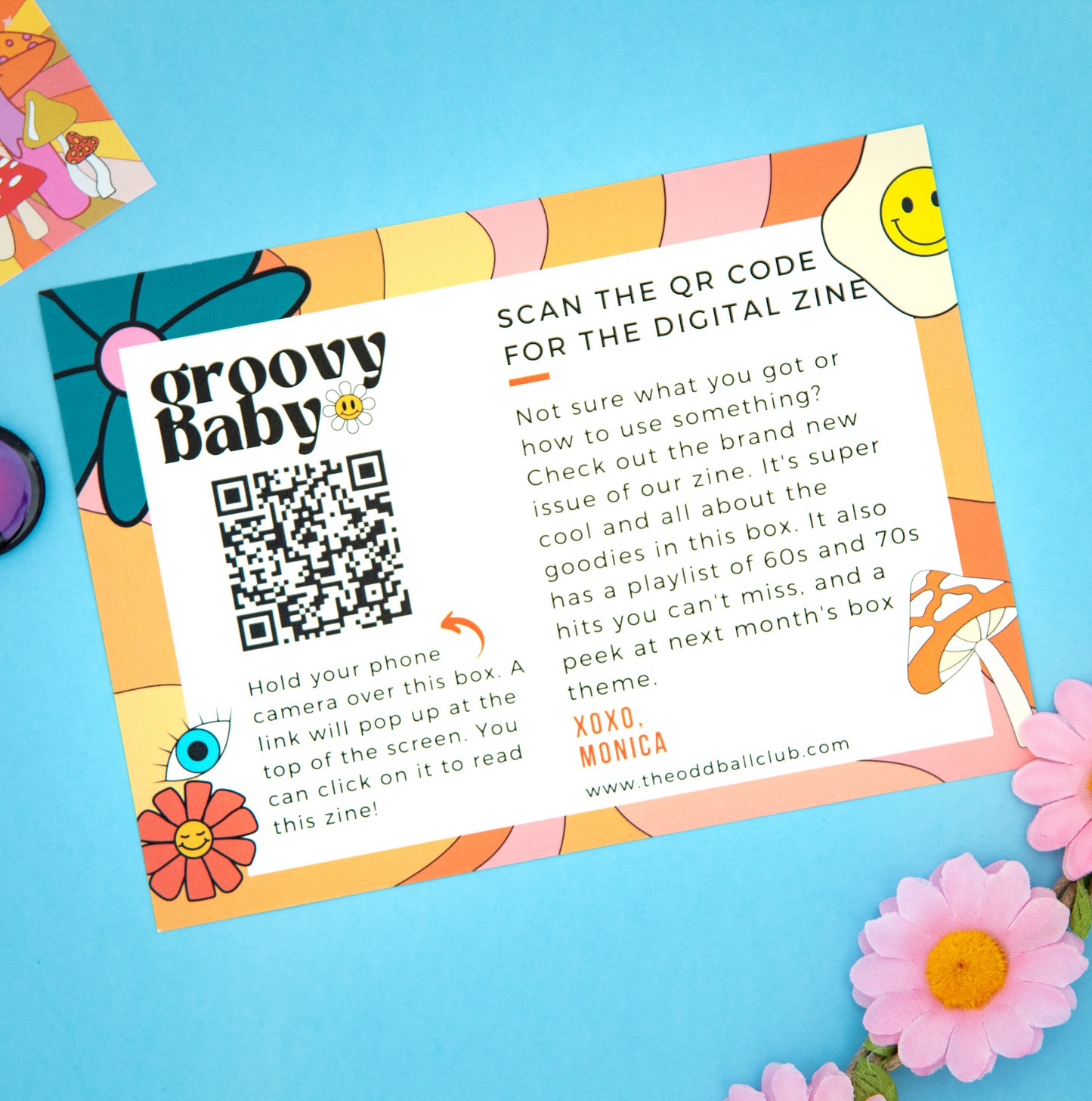 Groovy Baby" graphic paper with instructions to scan QR code and access online zine - perfect for vintage and retro enthusiasts looking for unique content - The Oddball Club