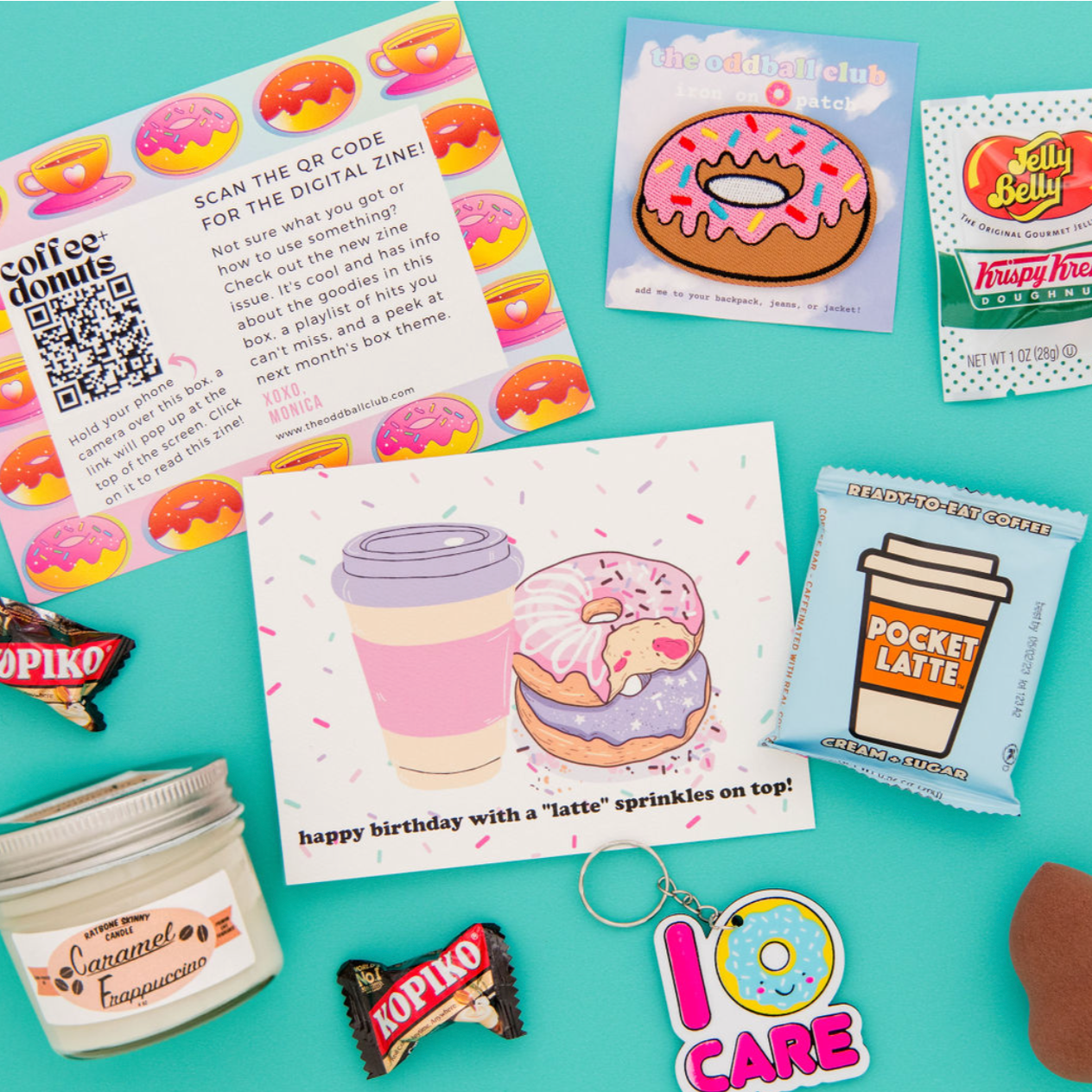 A deliciously sweet birthday greeting card featuring sprinkles and a latte topped with sprinkles, accompanied by a stack of two donuts. A playful octopus sticker with donuts in the corner adds a touch of whimsy, while a background of blue showcases Kopiko candy. Perfect for coffee and sweets lovers, this image evokes a sense of celebration and joy